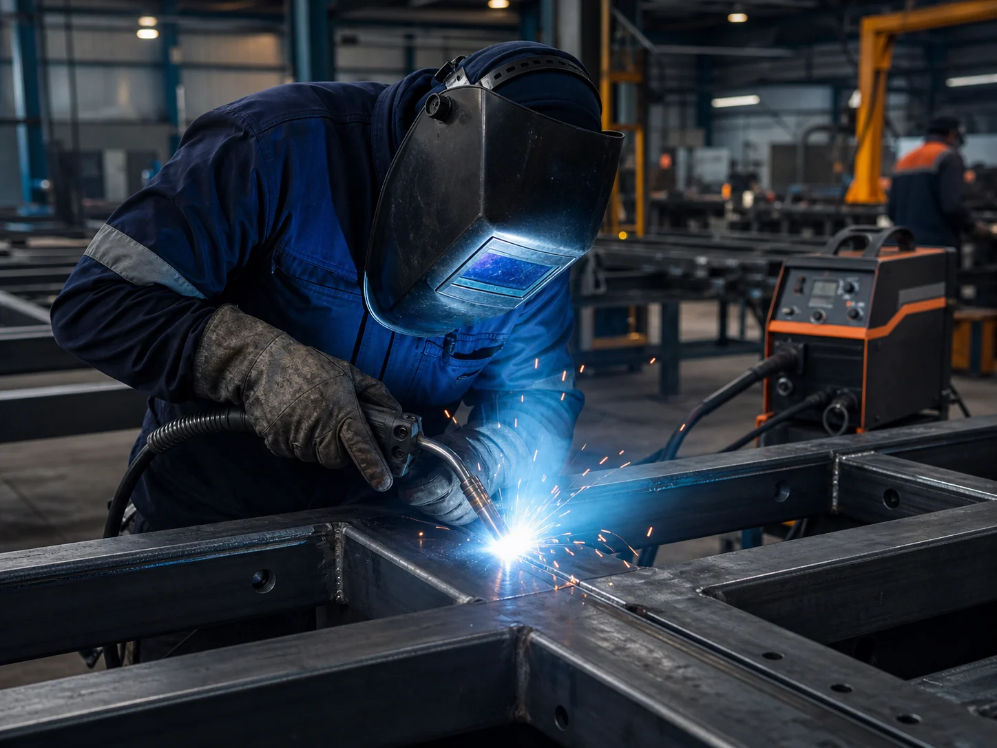 Welder using a MIG torch on a structural steel frame in a fabrication workshop