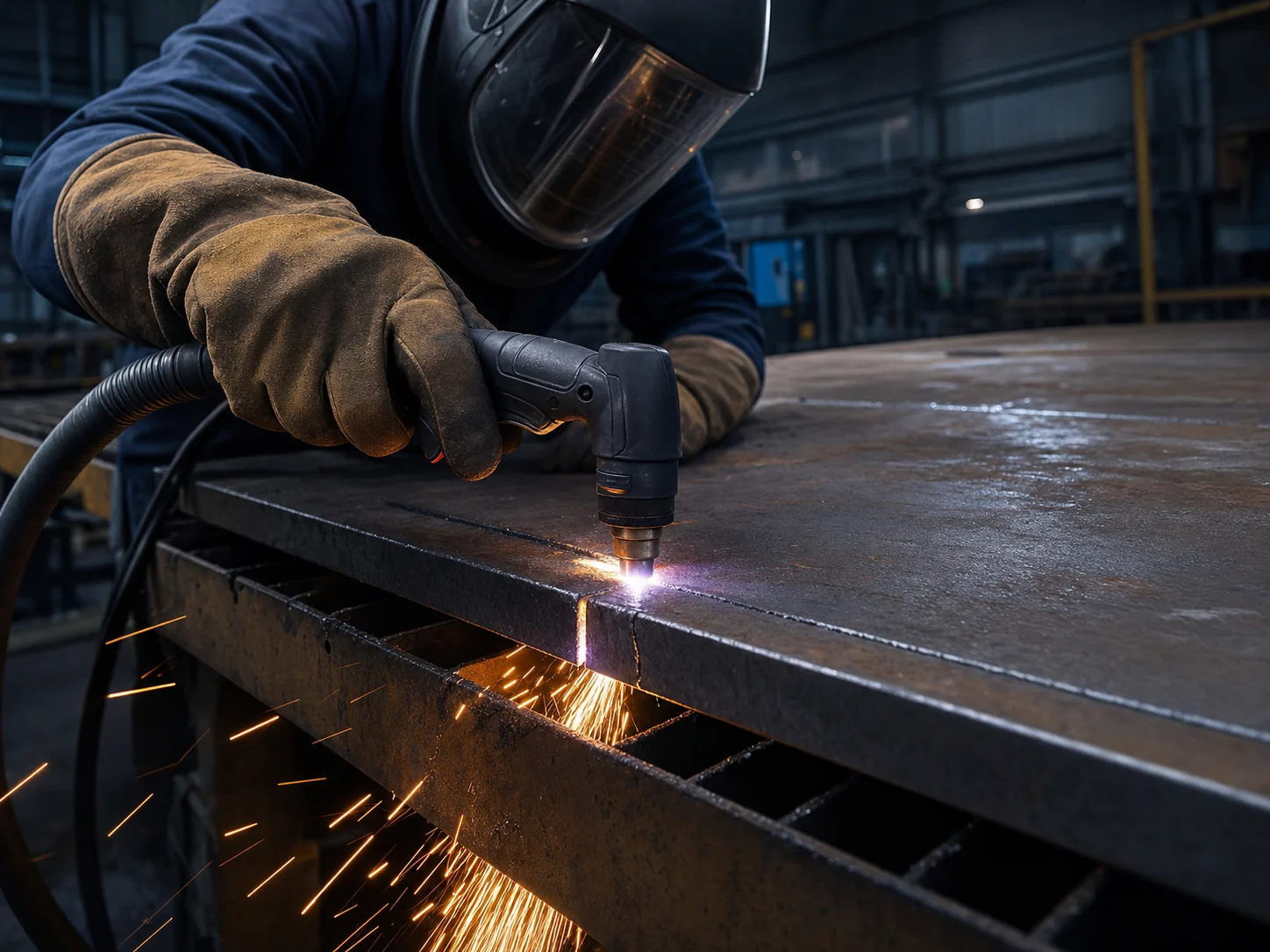Operator using a handheld plasma cutter to cut thick steel plate on a cutting table