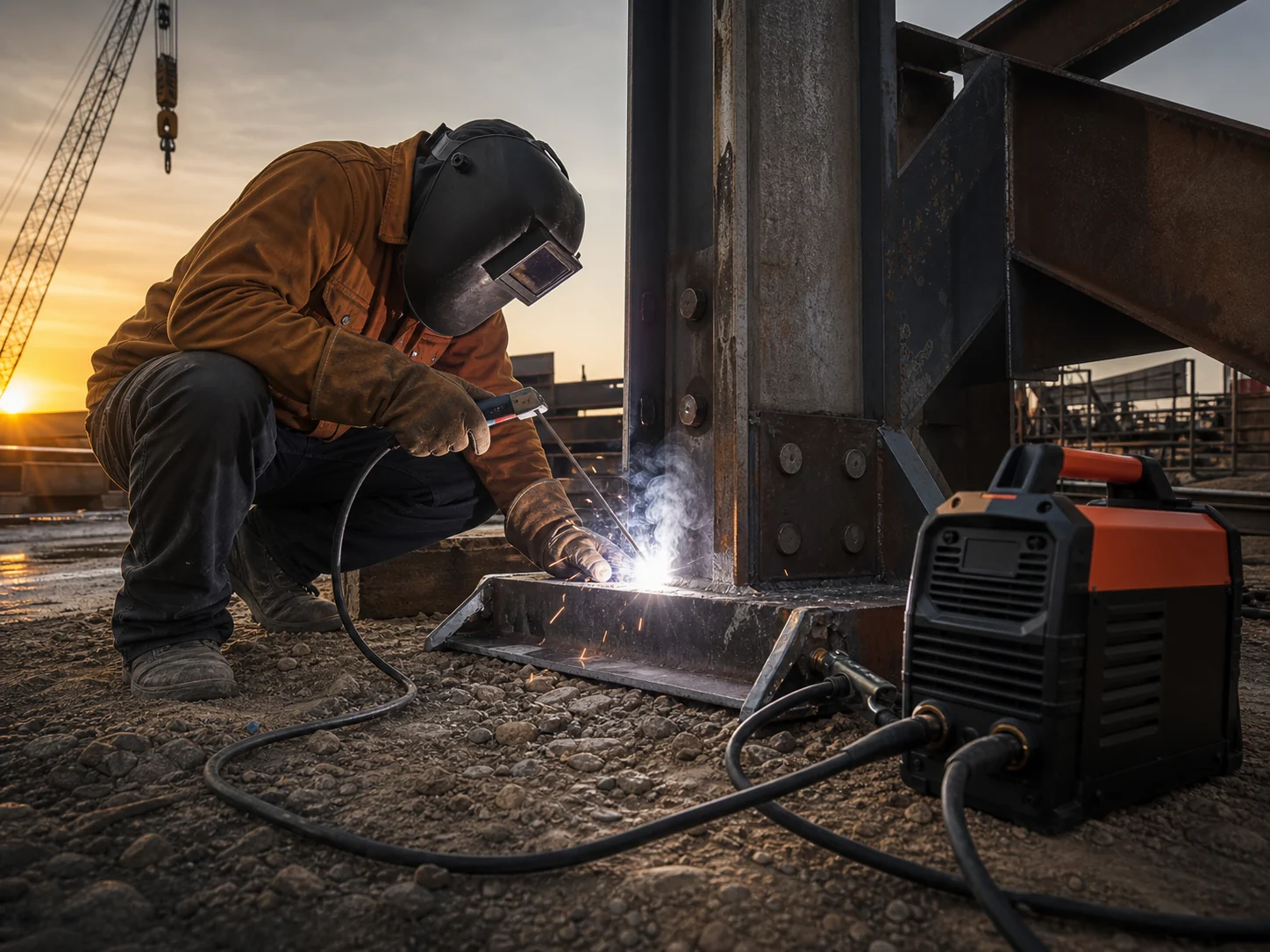 Welder performing a stick arc repair on structural steel at an industrial worksite