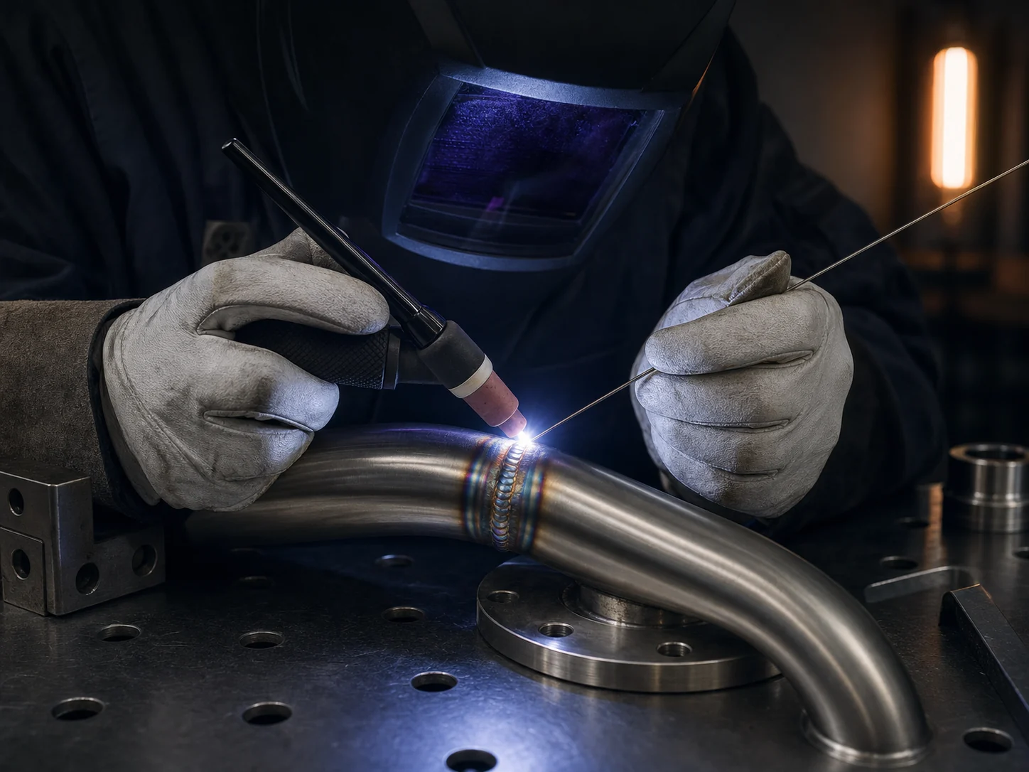 Precision TIG welding on a stainless steel pipe with filler rod and visible heat tint