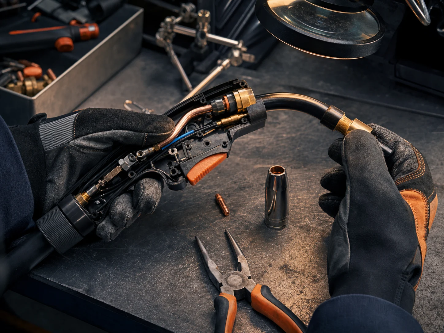 Technician assembling and repairing a MIG welding torch at a specialist workshop bench