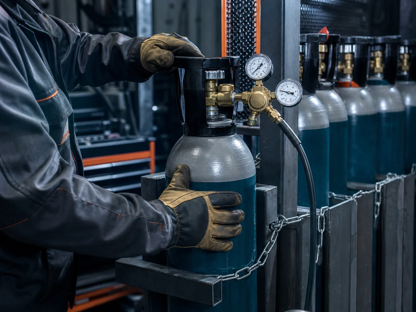 Technician securing a welding gas cylinder fitted with a regulator and pressure gauges