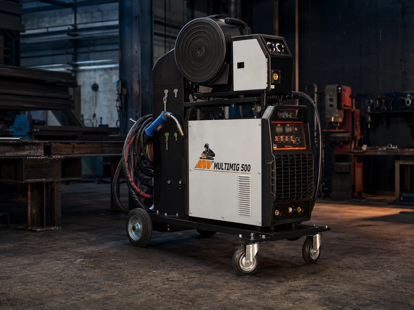 Dabu MultiMIG 500 industrial welding system with wire feeder on a wheeled workshop trolley