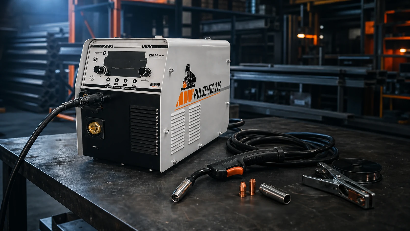 Dabu Pulse MIG 225 welding machine with torch and cables in an industrial fabrication workshop