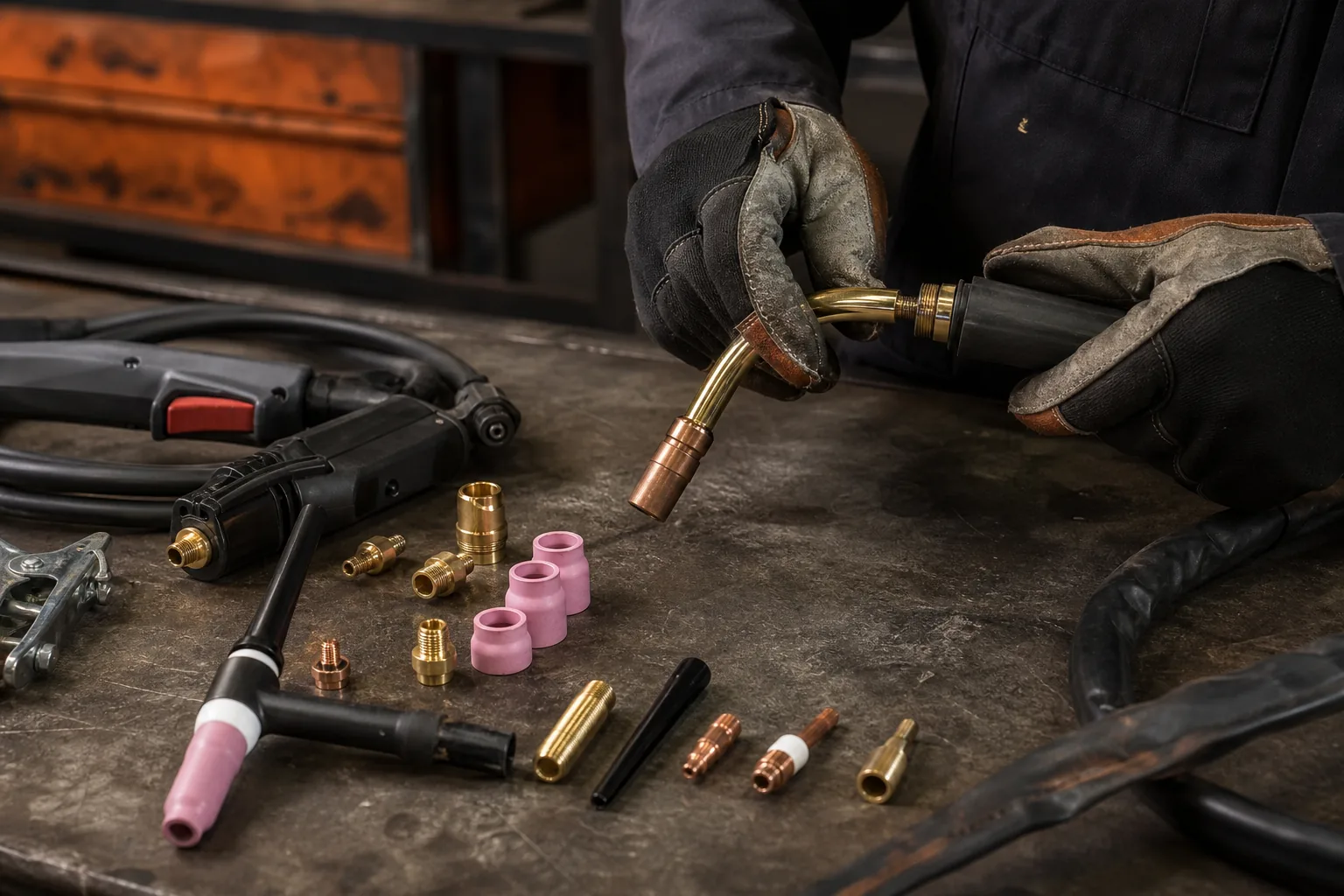 Gloved technician assembling welding torch components on a workshop bench