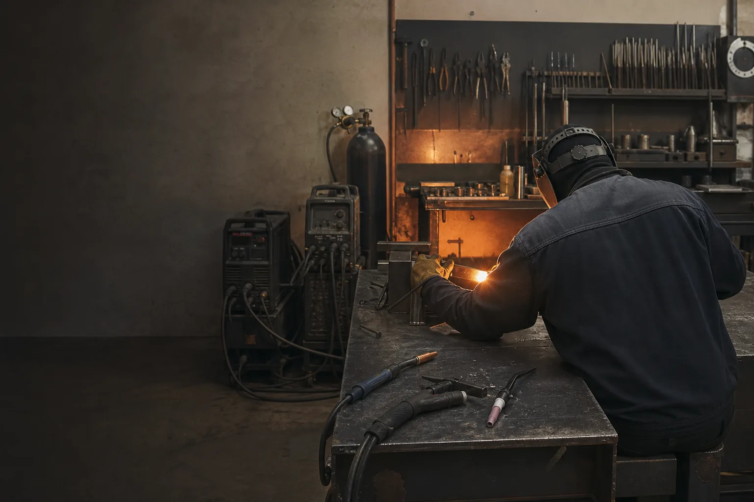 Welder working at a metal bench in a practical welding workshop