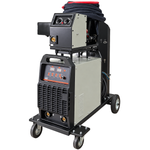DABU MIG-350 welding machine, front three-quarter view with control panel, wire feeder and wheeled trolley