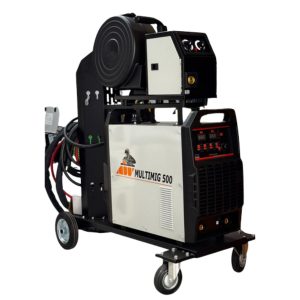 DABU MIG-500 500A industrial MIG welder with wire feeder on a wheeled trolley, side view