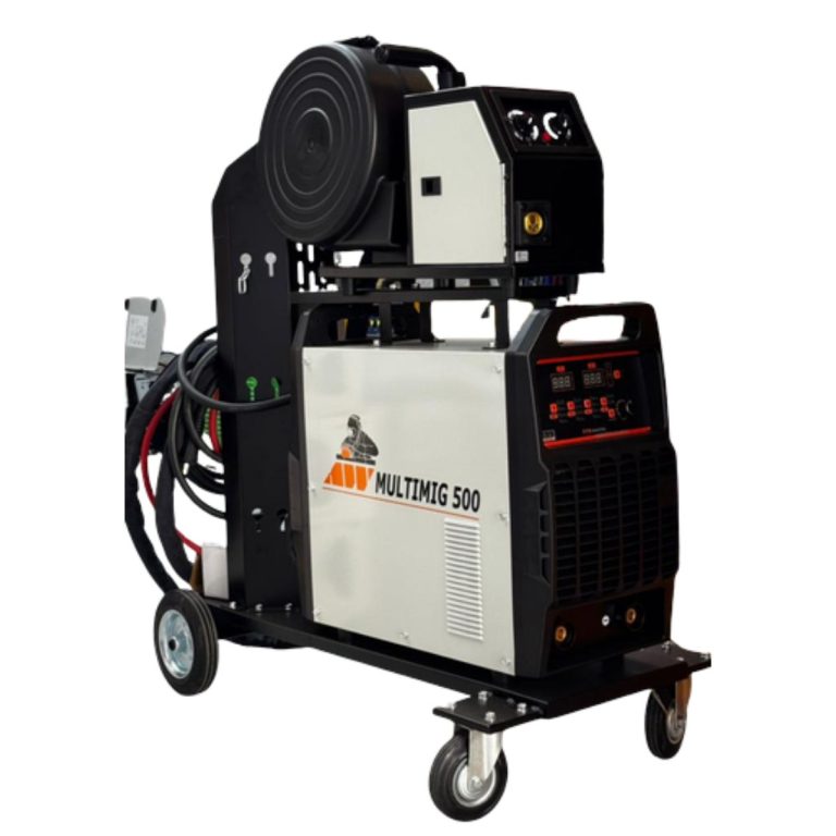 DABU MIG-500 500A industrial MIG welder with wire feeder on a wheeled trolley, side view